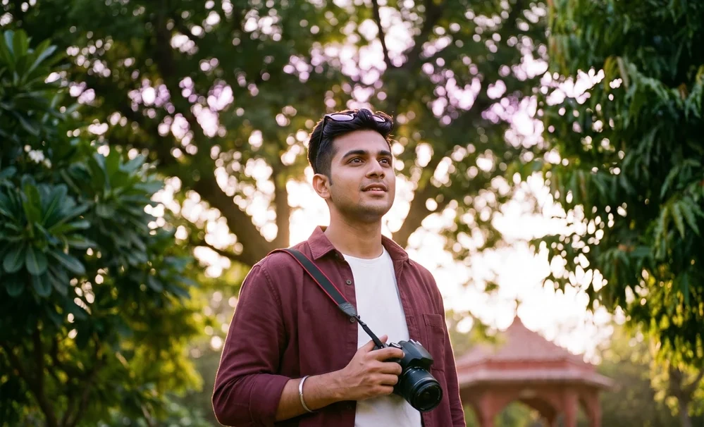 Male photographer wearing a maroon shirt holding a camera outdoors