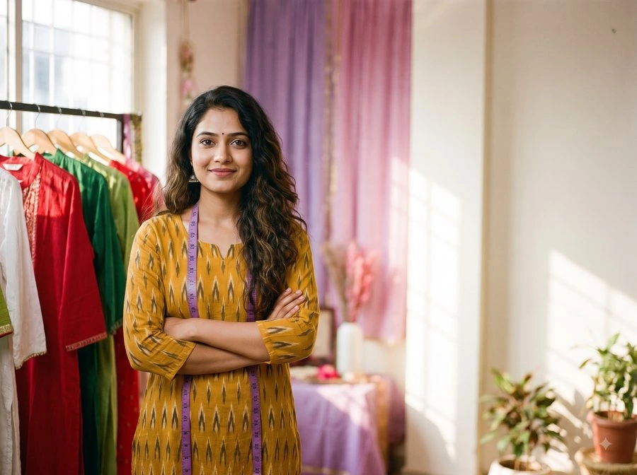 A fashion and boutique creator standing in her clothing studio with a measuring tape around her neck